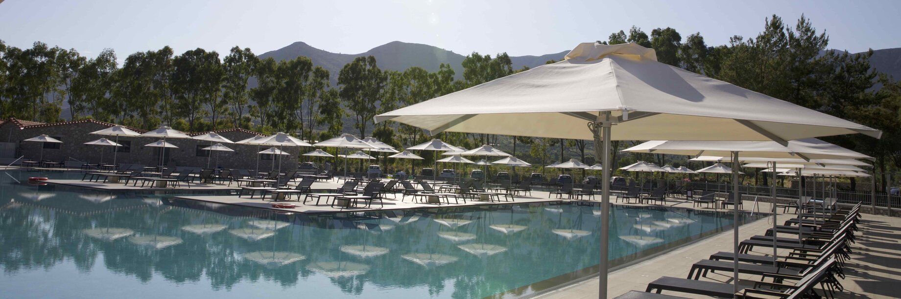 a pool with umbrellas and chairs by it