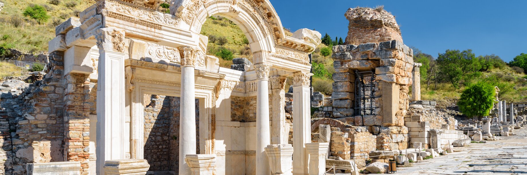 Ruins and one of the main streets in Ephesus, an ancient Greek city in Selcuk, Turkey