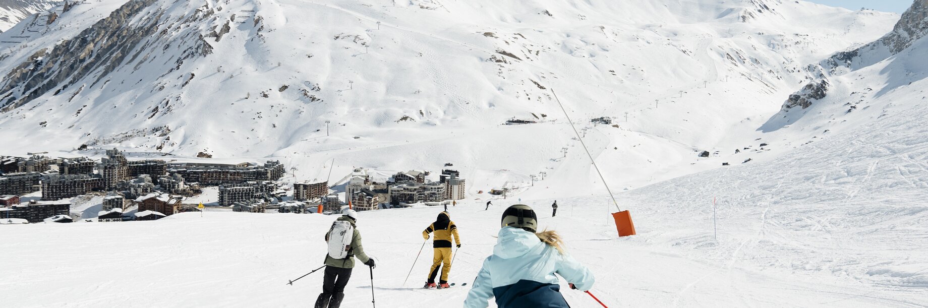 Skiing towards the village in TIgnes