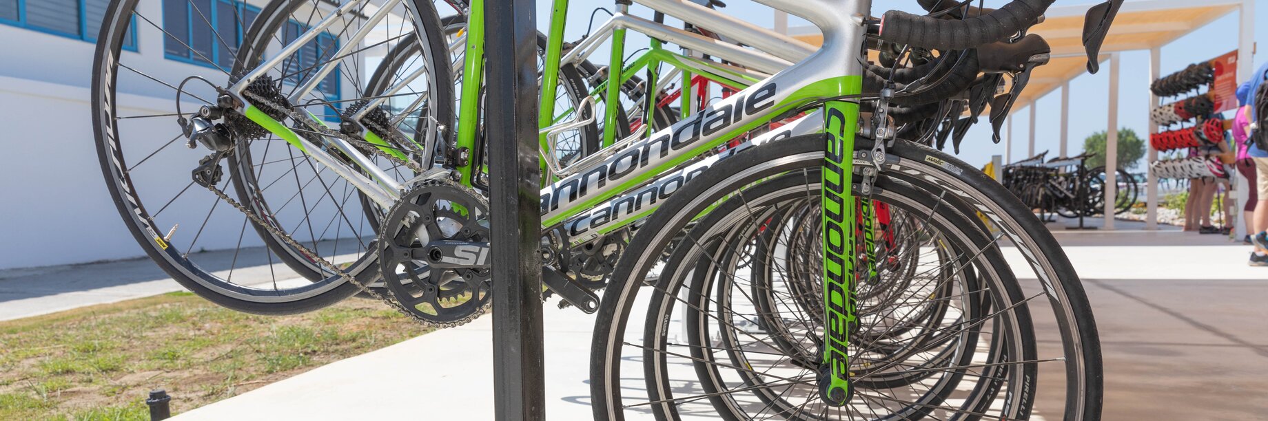 a bicycle parked on a pole
