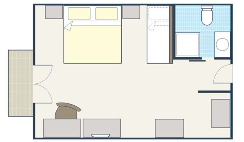 Room plan for Twin or double rooms with sofa bed (ensuite shower)