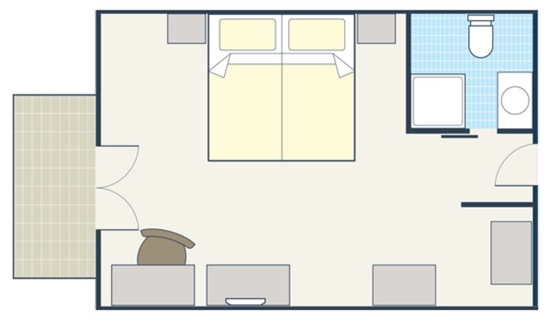 Room plan for Superior twin or double rooms (ensuite shower)