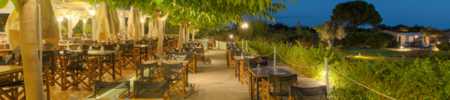 Outdoor dining at Aeolian Village Beach Resort, Lesvos, Greece