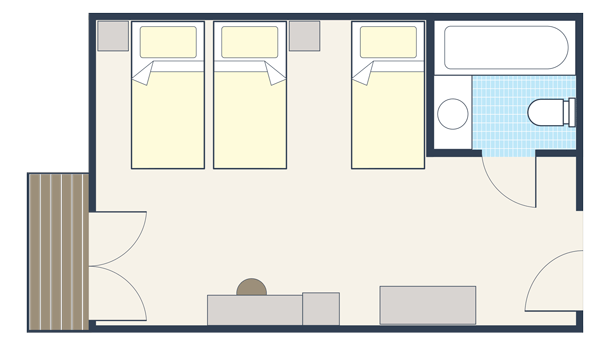 Room plan for Triple (ensuite bath, no balcony)