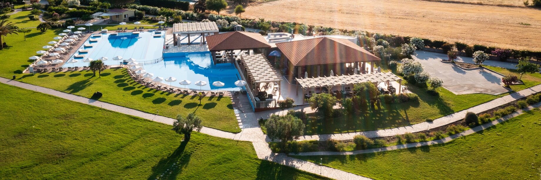 Aerial view of the pool at Aeolian Village Beach Resort, Lesvos, Greece