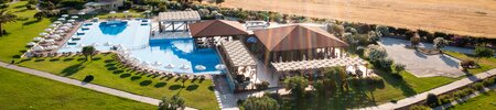 Aerial view of the pool at Aeolian Village Beach Resort, Lesvos, Greece